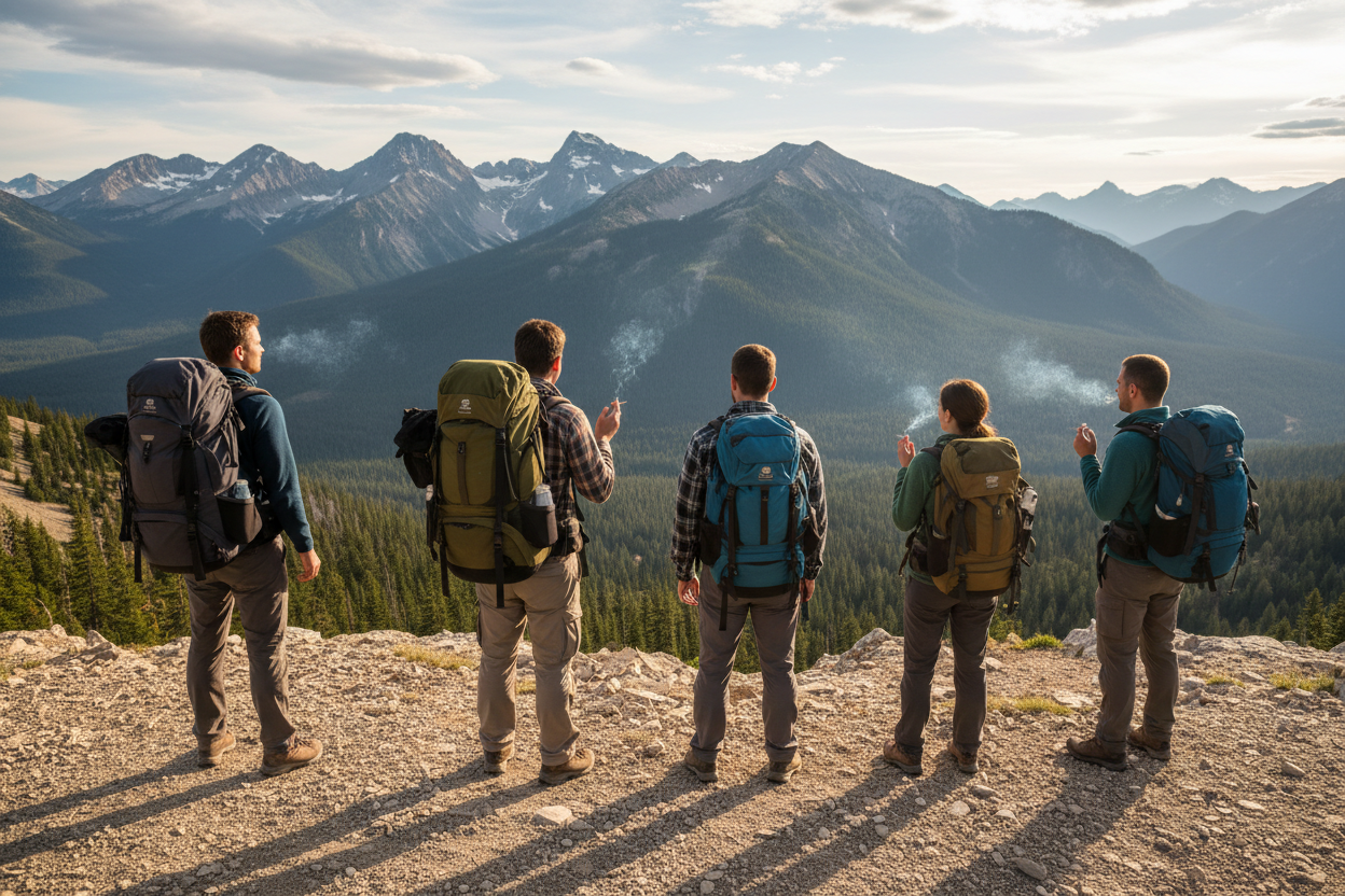 几个远足抽烟的人，人物背对着
