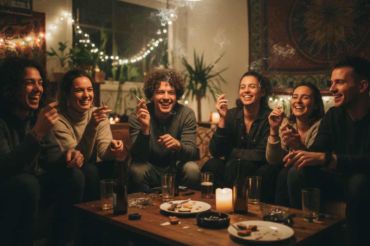 一个派对上几个抽烟的人,并且在微笑